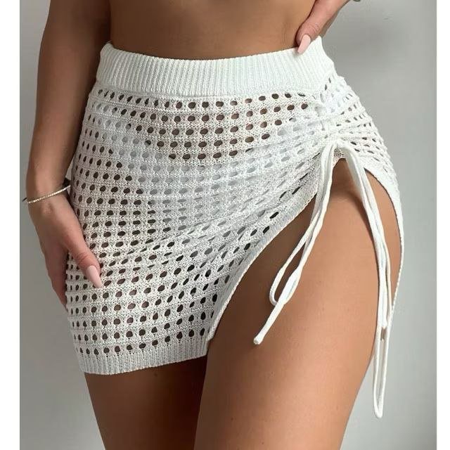  Saida Praia Saia Crochê Tricot com Cordão Lateral Fenda Festival