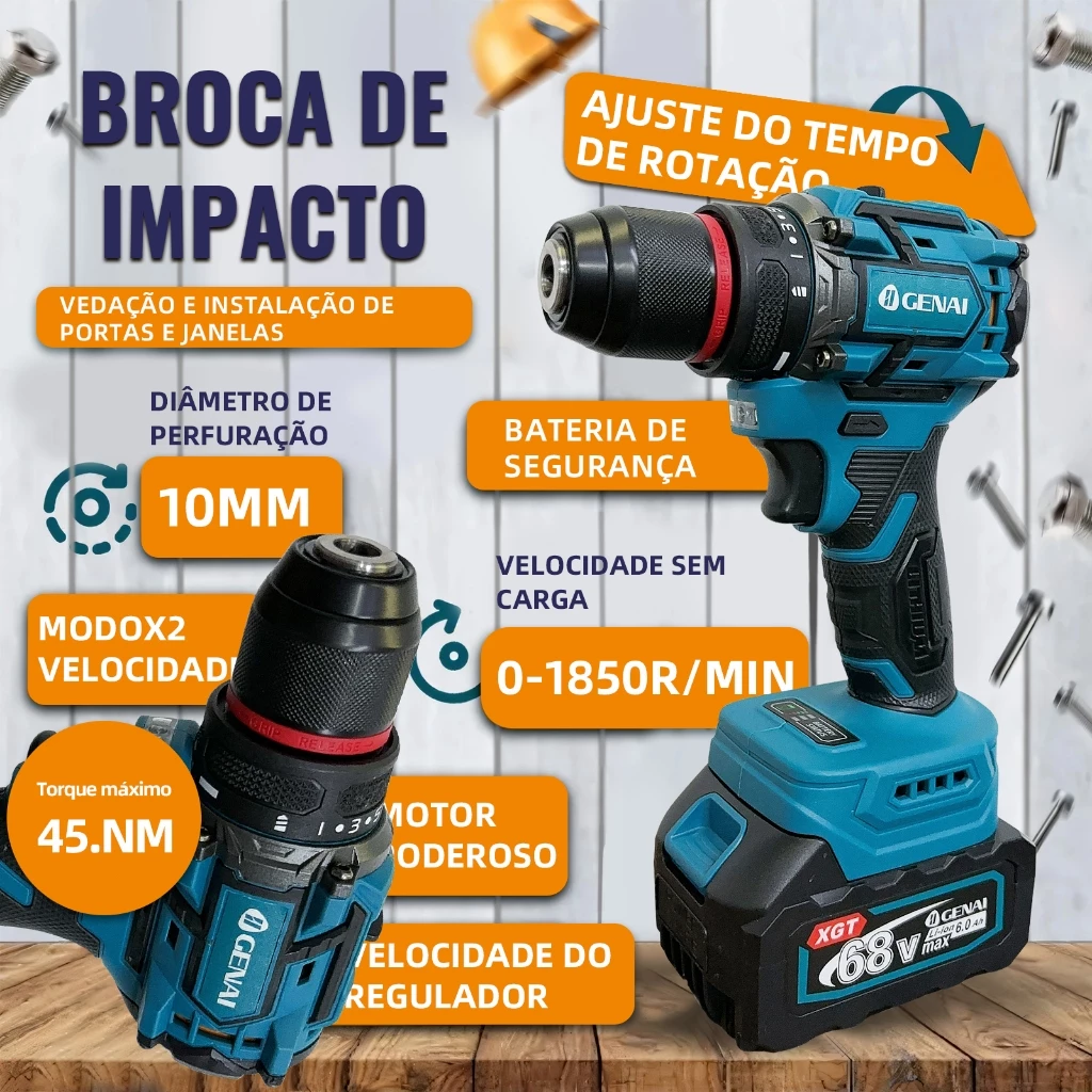 Brushless Kit 4 Em 1 Ferramentas Martelete Esmerilhadeira Lixadeira Parafusadeira Chave Impacto Com 2 Baterias 68v
