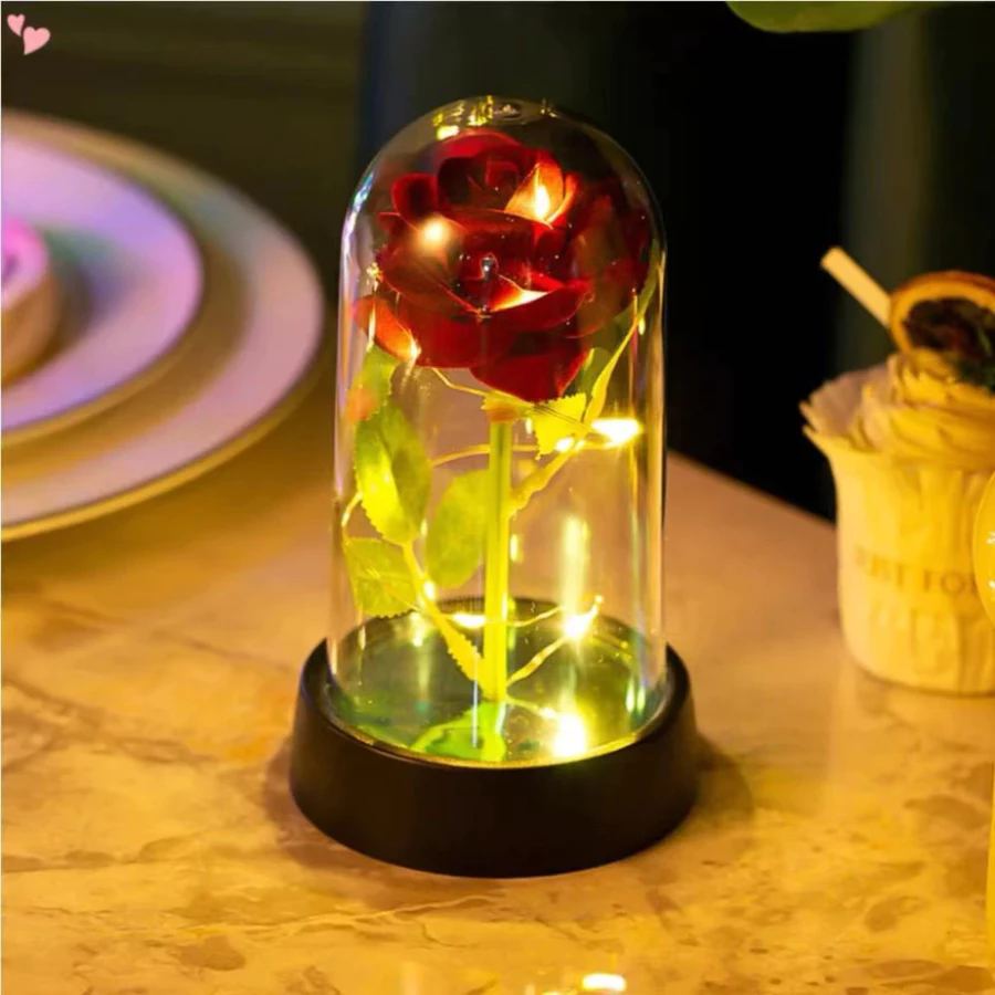 Rosa Encantada com Luz LED - Flor Eterna Decorativa em Cúpula de Acrílico